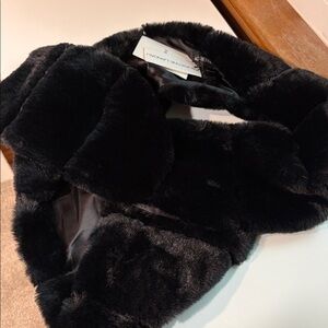 NWT Adrienne Landau faux fur long wrap shawl black with ribs 70” x 7”
